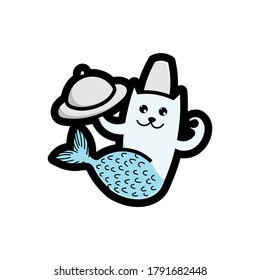 Cute cat mermaid, happy chef, stickers, cartoon, art