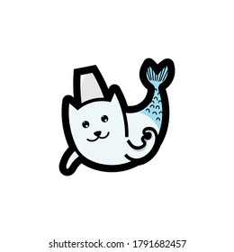 Cute cat mermaid, happy chef, stickers, cartoon, art
