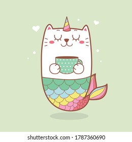 cute cat mermaid holding a coffee cup.with pastel color.