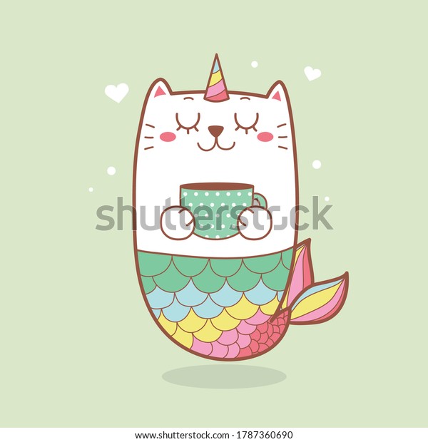 Cute Cat Mermaid Holding Coffee Cupwith Stock Vector (Royalty Free ...