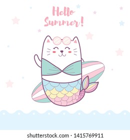 cute cat mermaid holding a surfboard on the beach cartoon hand drawn and pastel color.