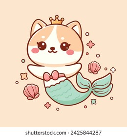 Lindo gato sirena kawaii ilustración de dibujos animados.