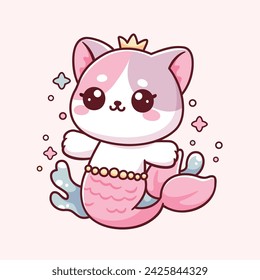 Cute cat mermaid kawaii cartoon illustration.