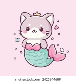 Cute cat mermaid kawaii cartoon illustration.