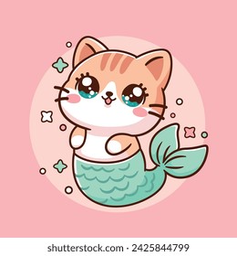 Cute cat mermaid kawaii cartoon illustration.