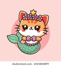 Cute cat mermaid kawaii cartoon illustration.