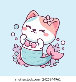 Cute cat mermaid kawaii cartoon illustration.