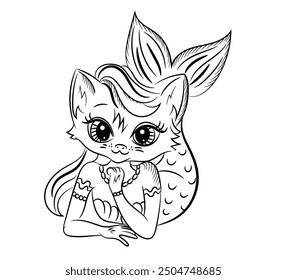 Cute cat mermaid line art coloring book. Freehand drawing, isolate on a white background. Vector