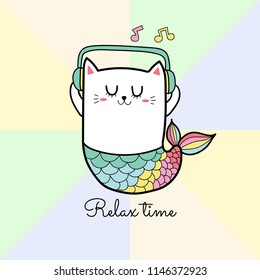 cute cat mermaid listening music for relax time