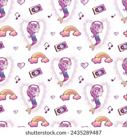 Cute cat mermaid pattern with clouds, rainbow, hearts, notes, audio cassette, dots hearts. Vector hand drawn illustration music elements. Mermaids cat seamless pattern