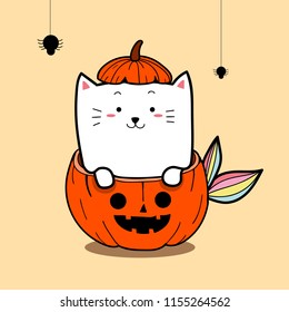 cute cat mermaid and pumpkin for Halloween day