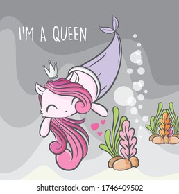 Cute cat mermaid queen seamless pattern illustration for kids