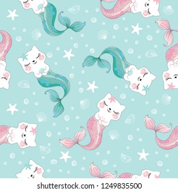 Cute cat mermaid seamless pattern for kids fashion artworks, children books, greeting cards, prints, walpapers.