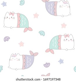 Cute cat mermaid seamless pattern. vector illustration.