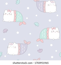 Cute cat mermaid seamless pattern. vector illustration.
