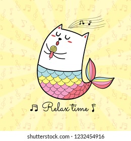 Cute cat mermaid singing cartoon pastel color,doodle style