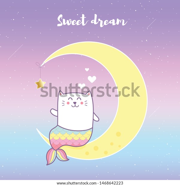 Cute Cat Mermaid Siting On Moon Stock Vector (Royalty Free) 1468642223 ...
