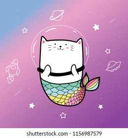 Cute Cat Mermaid And Space Background