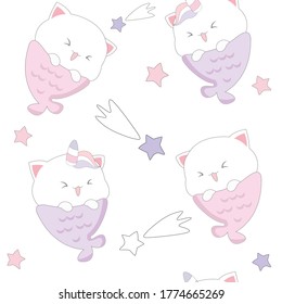 Cute cat mermaid with star and seamless pattern.