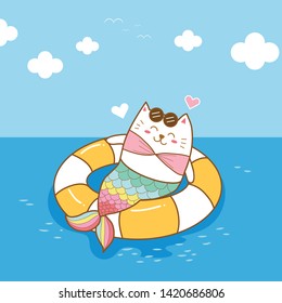 Cute cat mermaid in swim ring on the sea cartoon hand drawn