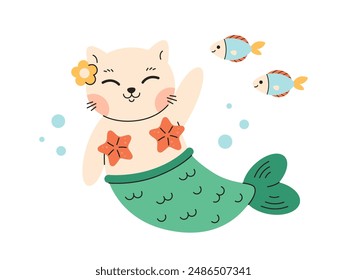 Cute cat mermaid. Cat swimming with fishes. Summer time, summer holidays, vacation. Vector illustration in flat style