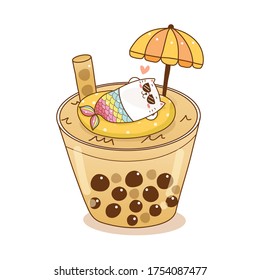 cute cat mermaid swimming on bubble tea cup.cartoon hand drawn for summer time.