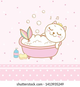 cute cat mermaid takes a shower cartoon hand drawn with pastel color kawaii