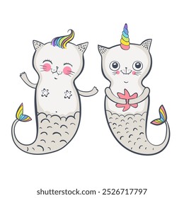 Cute cat mermaid, unicorn cat, twins vector