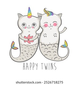 Cute cat mermaid, unicorn cat, twins vector