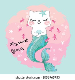 Cute cat mermaid vector.