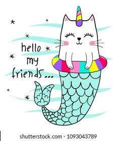 Cute Cat Mermaid Vector.