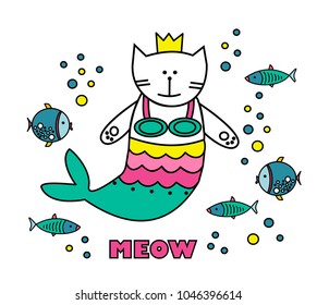 Cute cat mermaid, vector doodle