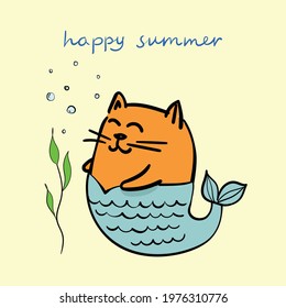 Cute cat mermaid, vector doodle illustration for kids