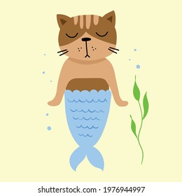 Cute cat mermaid, vector doodle illustration in the flat style for kids