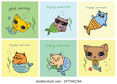 Cute cat mermaid, vector doodle illustration cards for kids