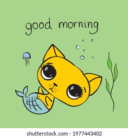 Cute cat mermaid, vector doodle illustration in the flat for kids