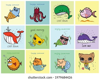 Cute cat mermaid, vector doodle illustration cards for kids