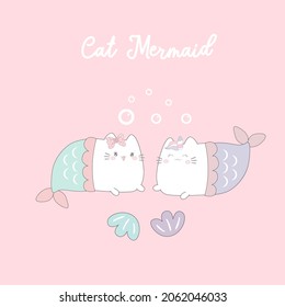 Cute cat mermaid vector. (Kawaii animal) girly doodles Nursery Wall,Child little horse character Illustration sweet pastel,Fairytales magic,hand. drawn.Perfect