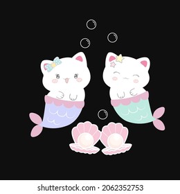 Cute cat mermaid vector. (Kawaii animal) girly doodles Nursery Wall,Child little horse character Illustration sweet pastel,Fairytales magic,hand. drawn.Perfect