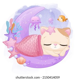 Cute cat mermaid in watercolor illustration