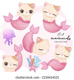 Cute cat mermaid in watercolor illustration