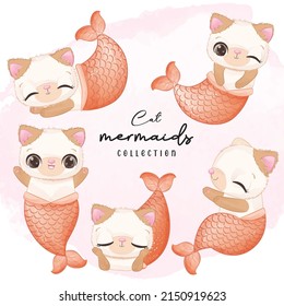 Cute cat mermaid in watercolor illustration