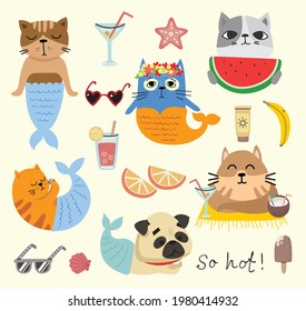 Cute cat mermaids on the beach, vector doodle illustration cards for kids