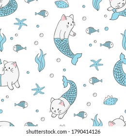 Cute Katze Mermaids nahtloses Muster. Vektor-Meereshintergrund für Kinder