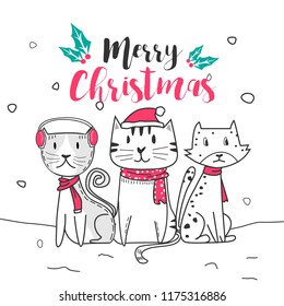 Cute cat and merry christmas with Doodle cartoon style