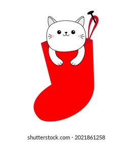 Cute cat in Merry Christmas Santa sock. Cartoon funny character. Hanging red Santa Claus stocking. Funny kawaii doodle contour animal. Xmas card. Pet collection. Flat design. White background. Vector