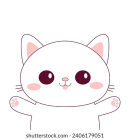 Cute cat. Merry Christmas. White kitten. Contour line doodle pet. Smiling face, pink paw print. Kawaii animal. Cartoon character. Funny kitty. Flat design. White background. Vector illustration