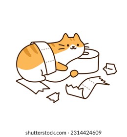 Cute cat. A cat is messing up the floor by playing with a roll of toilet paper.