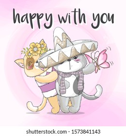  Cute cat with Mexican hat cartoon  illustration for kids. Little cat wearing purple scarf. Little cats with pink butterfly