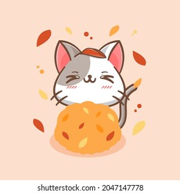 Cute cat in the middle of leaves fall cartoon